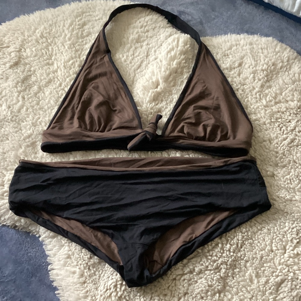 Brown and Black Reversible Halter Bikini Set